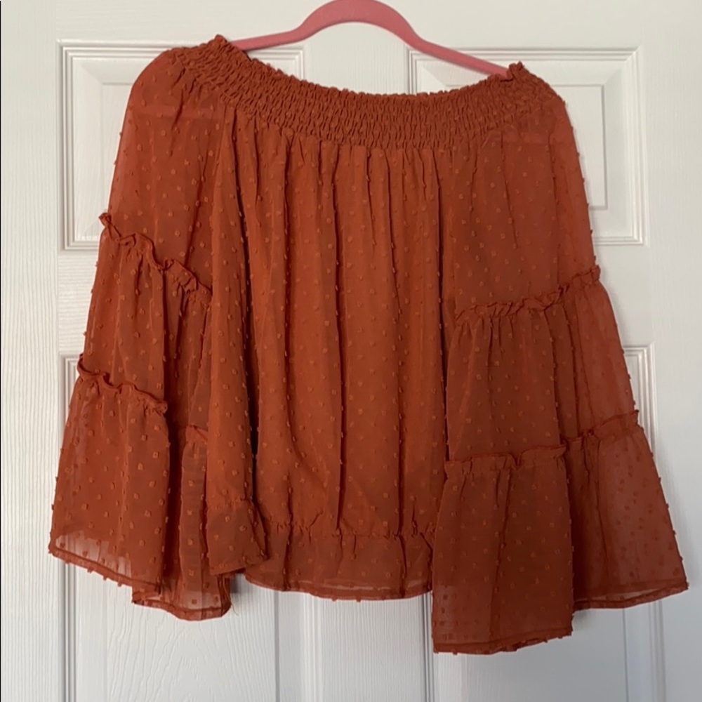 Off The Shoulder Chiffon Bell Sleeve Ruffle Tunic - Picture 3 of 4